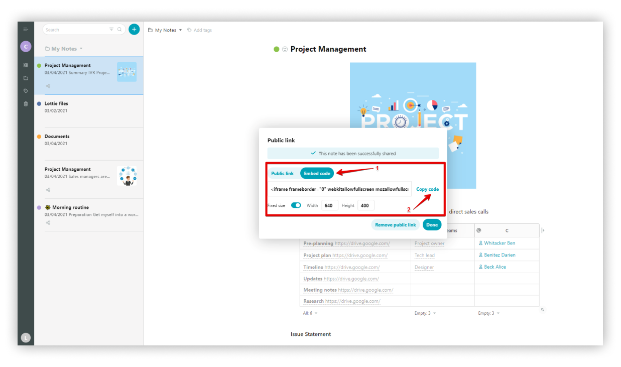 In the public link dialog, select Embed and copy the iFrame code.